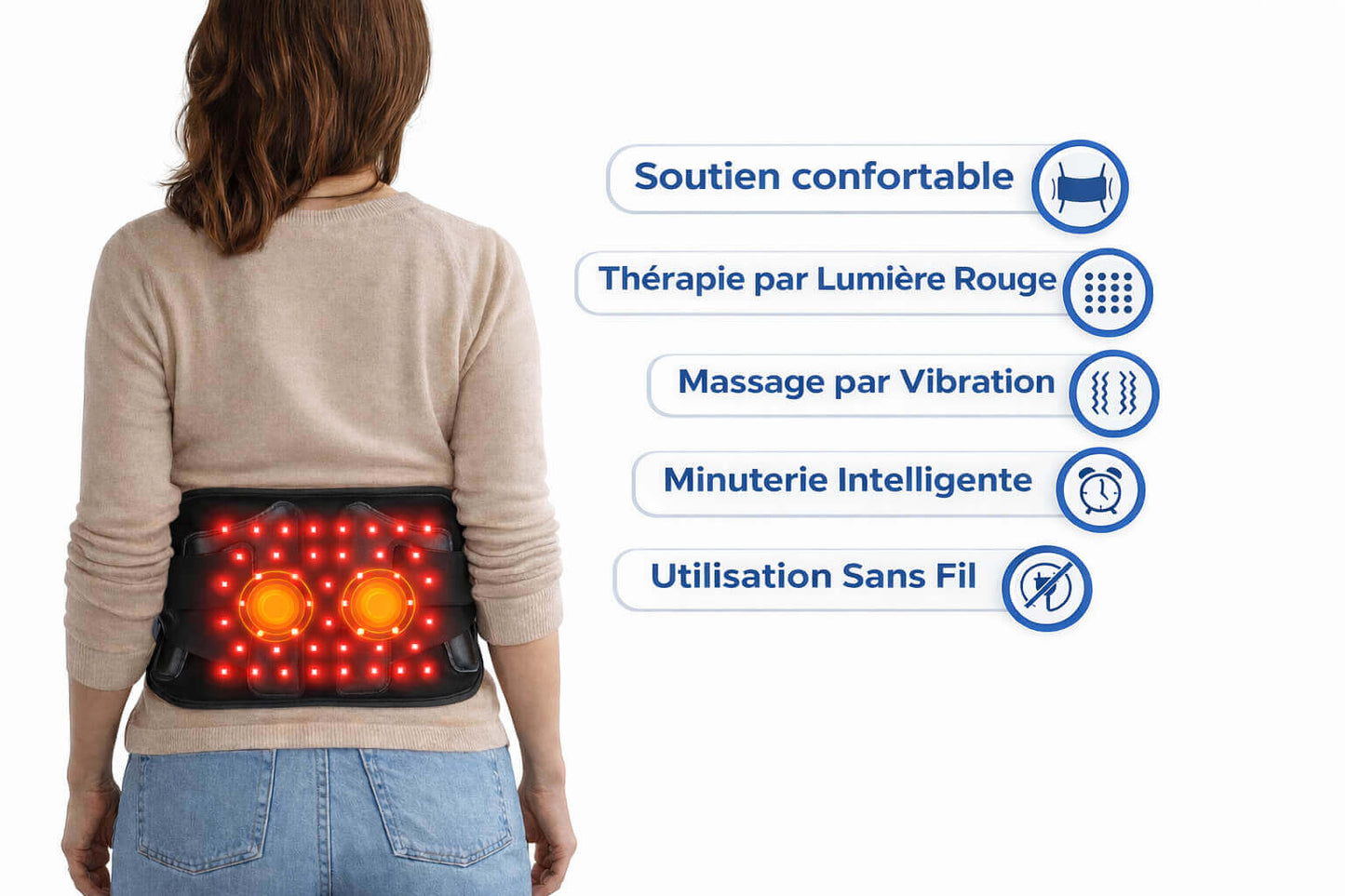 Femme de dos portant ceinture TherapieLED avec LED rouges actives et légendes : soutien confortable, luminothérapie rouge, massage vibration, minuterie intelligente, utilisation sans fil